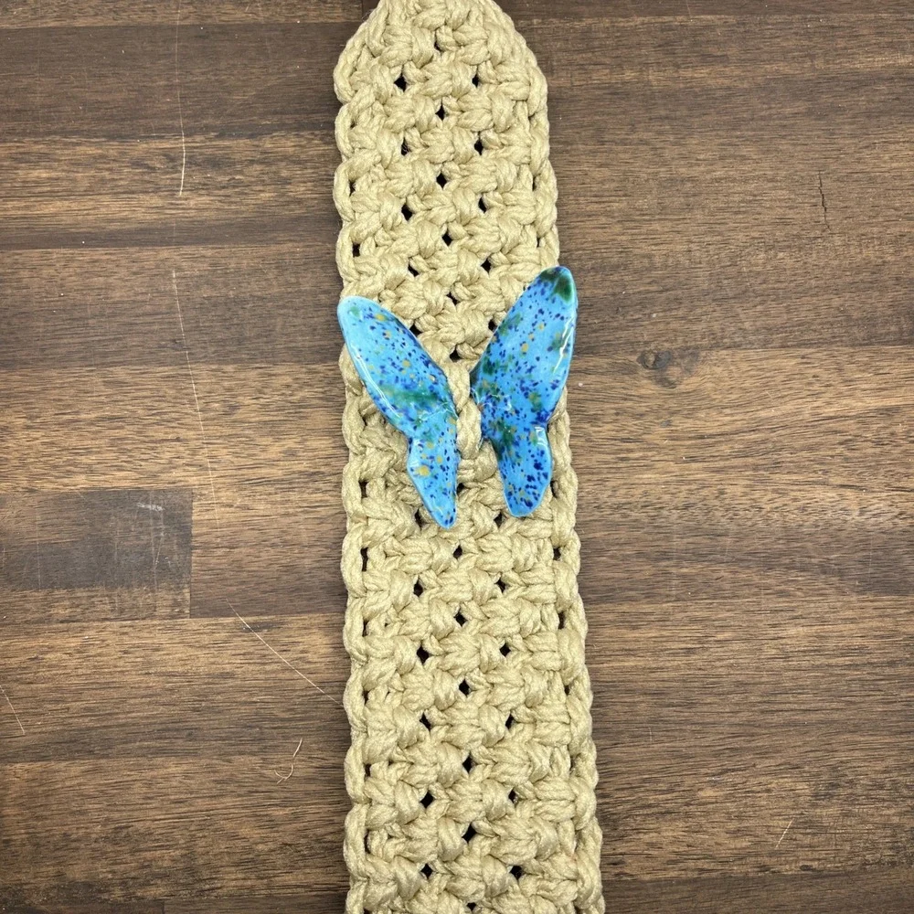 Vintage Handmade Towel Holder Macrame, 70's Blue Butterfly Hippie Door Hanger
